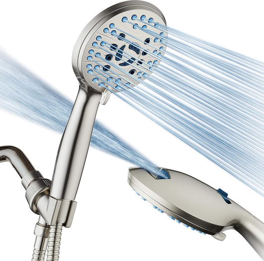 Hotel Spa AquaCare High Pressure 8-mode Handheld Shower Head, Anti-clog Nozzles, Built-in Power Wash to Clean Tub, Tile & Pets, Extra Long 6 ft. Stainless Steel Hose, Wall & Overhead Brackets