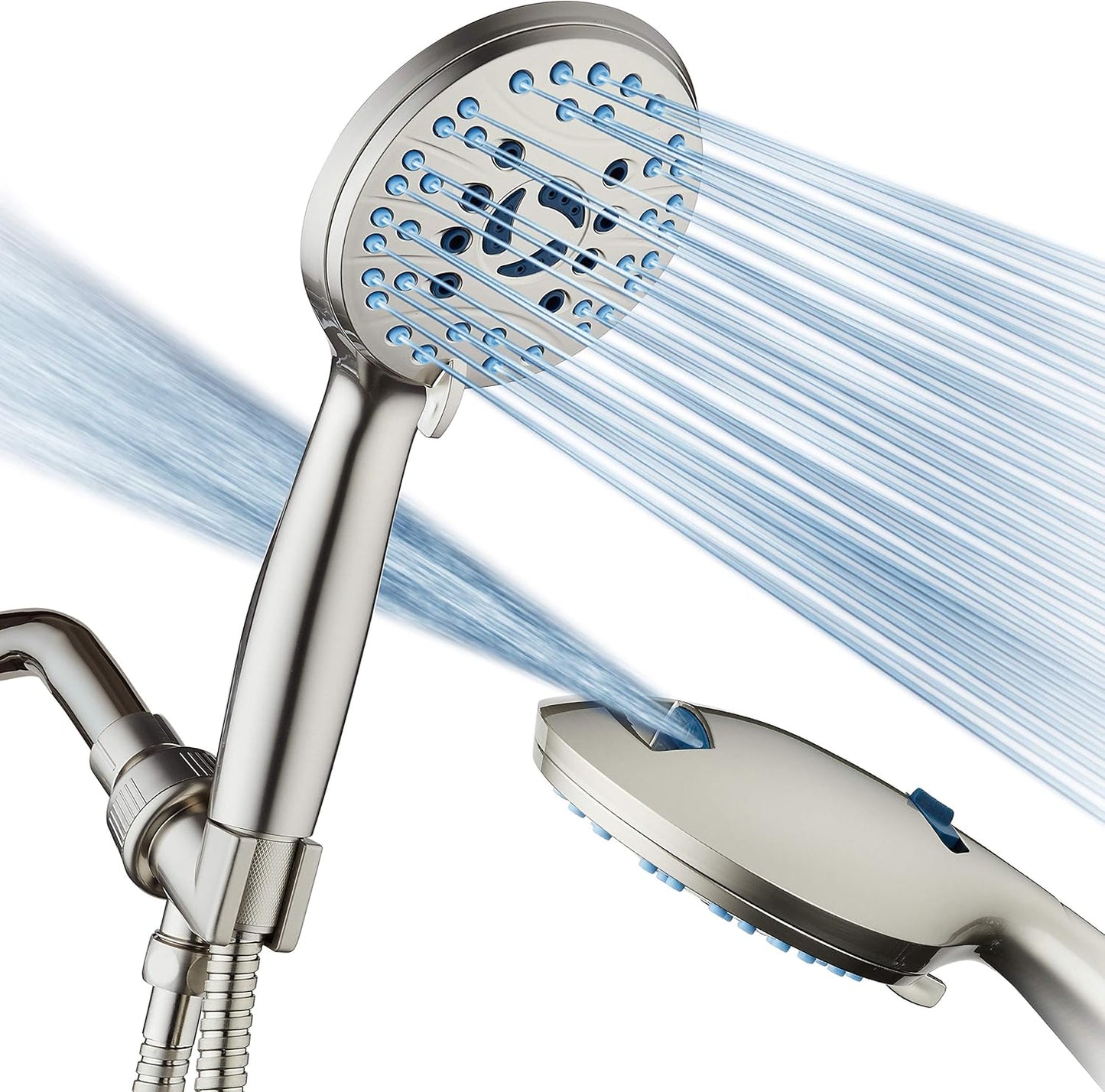 Hotel Spa AquaCare High Pressure 8-mode Handheld Shower Head - Anti-clog Nozzles, Built-in Power Wash to Clean Tub, Tile & Pets, Extra Long 6 ft. Hose, Wall & Overhead Brackets - 1.8 GPM