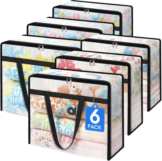 6 Pack Clear Storage Bags for Comforter, Clothes & Bedding, Plastic Blanket Storage with Zipper and Handle, Moving Bags, Closet Organizer and Under-Bed Storage (90L)