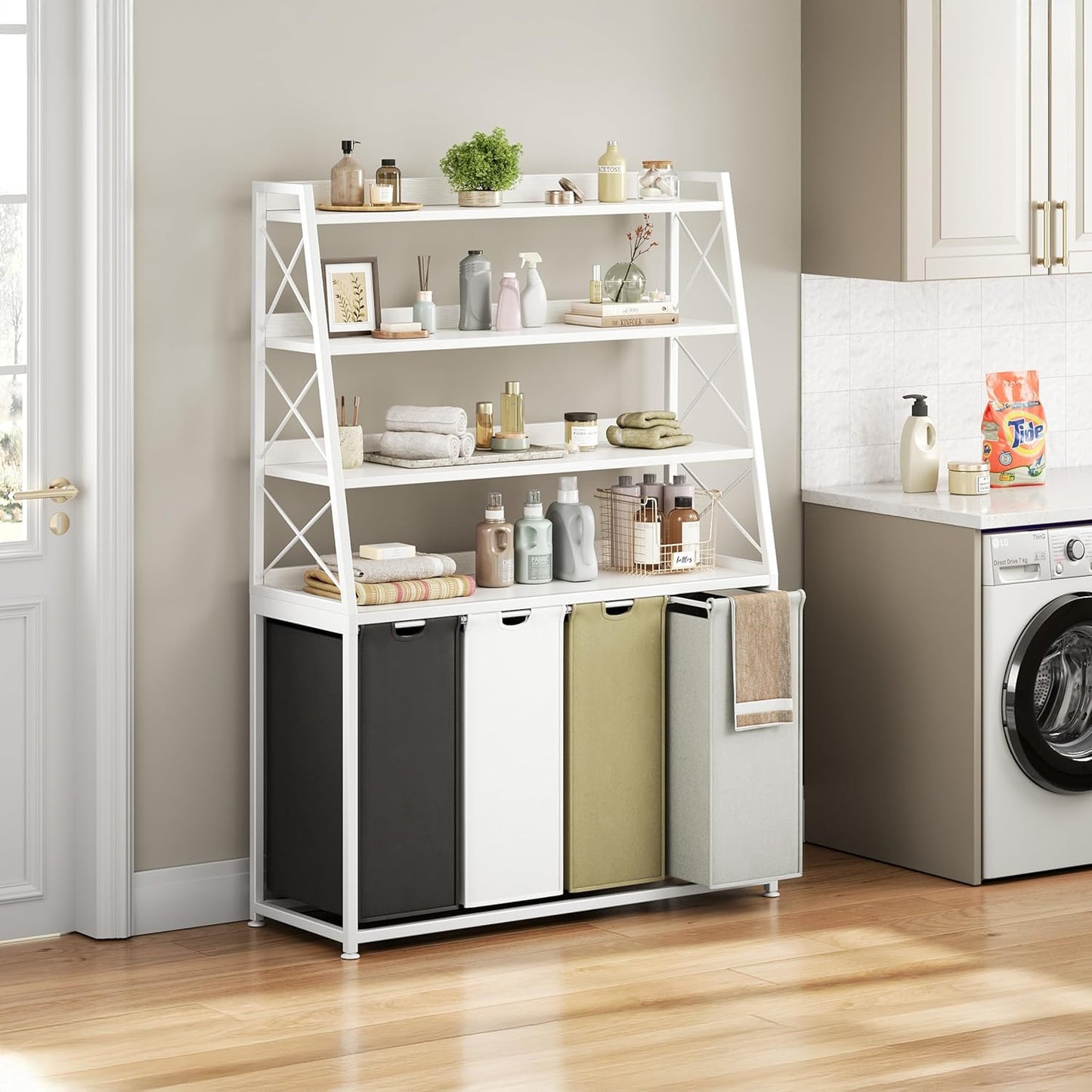 Laundry Basket, 4 Section Laundry Hamper with 4 Tiers Shelf, Pull-Out and Removable Laundry Bags, Large 4 x 15.87 Gallons, for Laundry Room Bathroom White PF12XLE