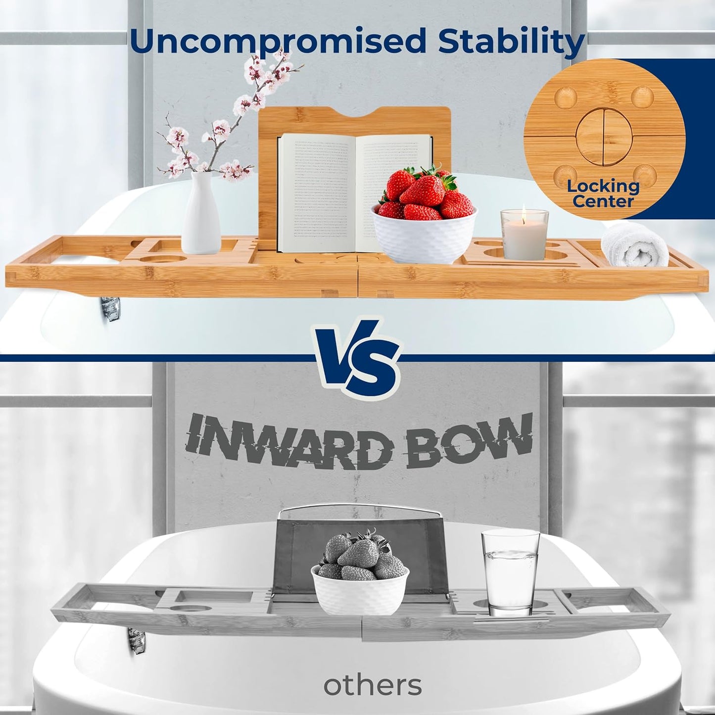 SereneLife Bathtub Tray - Expandable Bath Tray for Tub, Foldable Adjustable Bamboo Caddy with Non-Slip Handles, Device Holder and Wine Glass Slot for Bathing Luxury (Folding, Hard Back, Gift Set)