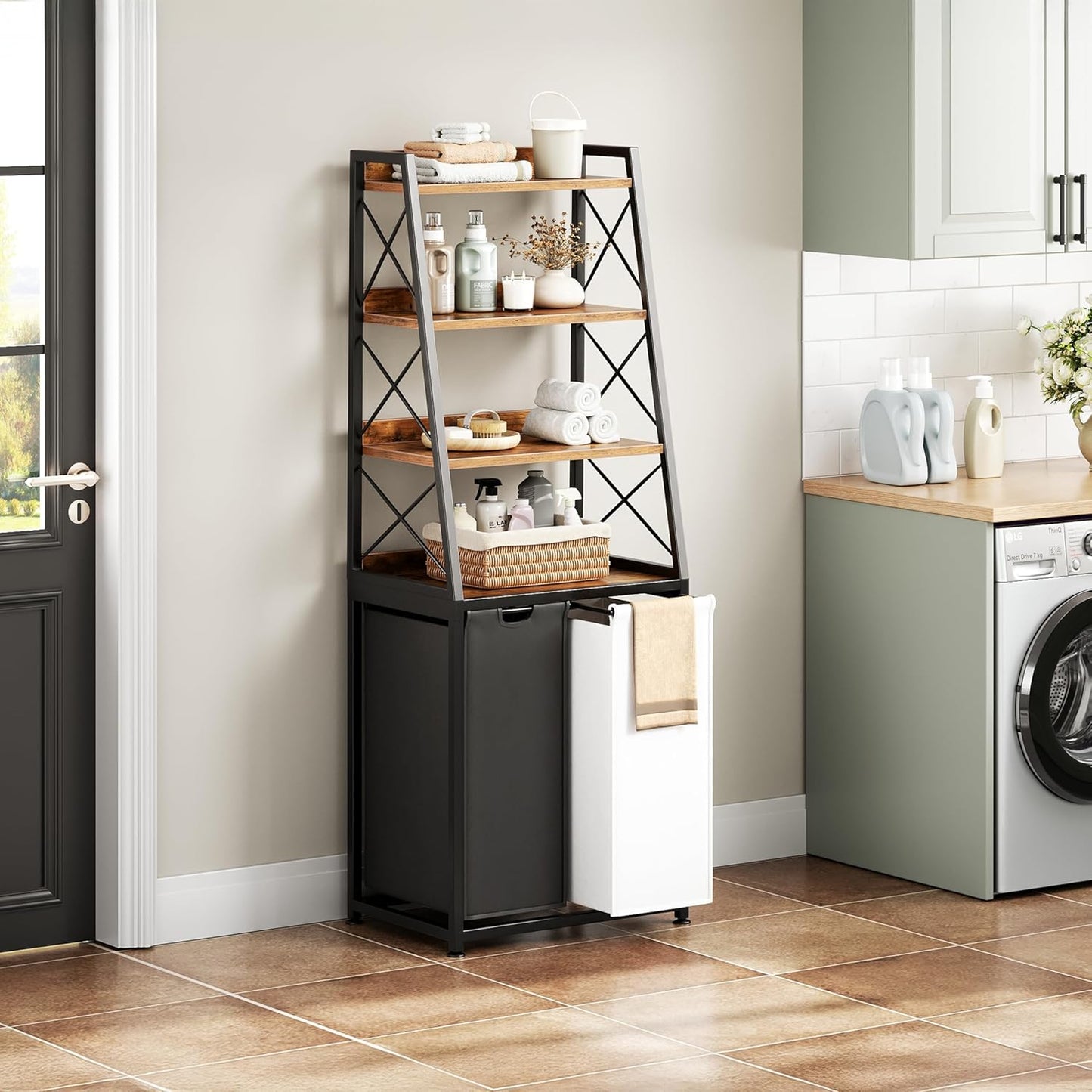 Laundry Basket, 2 Section Laundry Hamper with 4 Tiers Shelf, Pull-Out and Removable Laundry Bags, Large 2 x 15.87 Gallons, for Bedroom Bathroom Rustic Brown PF11XLN