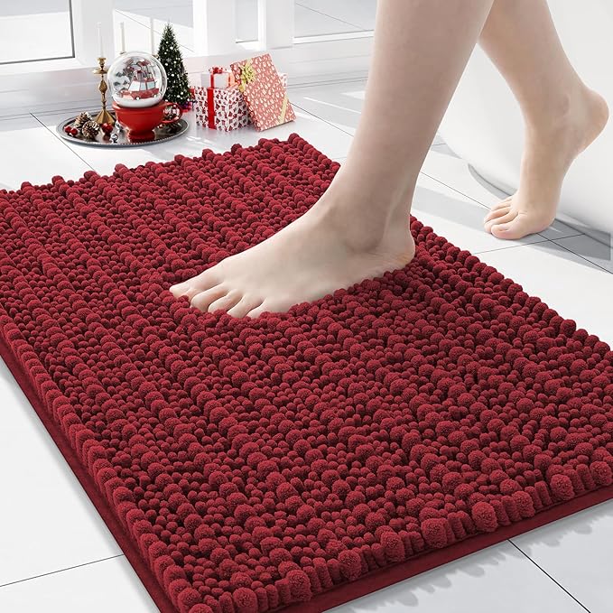 Arotive Luxury Chenille Bathroom Rug Mat, Extra Soft Thick Absorbent Shaggy Bath Rugs, Non-Slip Machine Wash Dry, Plush Bath Mats for Bathroom, Shower and Tub, 30x17, Red