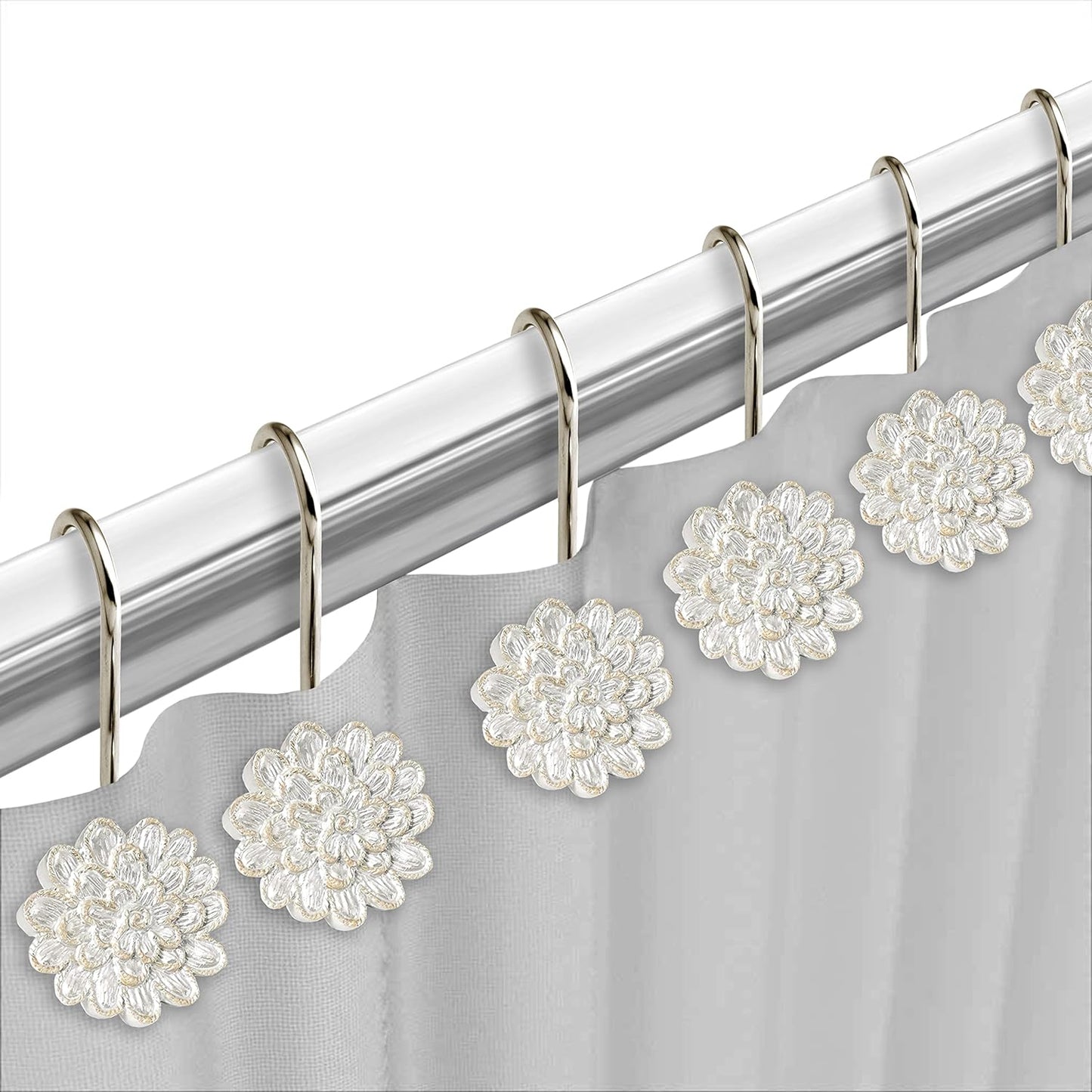 Zahari Home 13pc Rose Vine Bathroom Sheer Shower Curtain Sets Sheer Shower Curtain & 12 Shower Bathroom Hooks Modern Classic Luxury Contemporary Decor Beige Shower Curtain Set