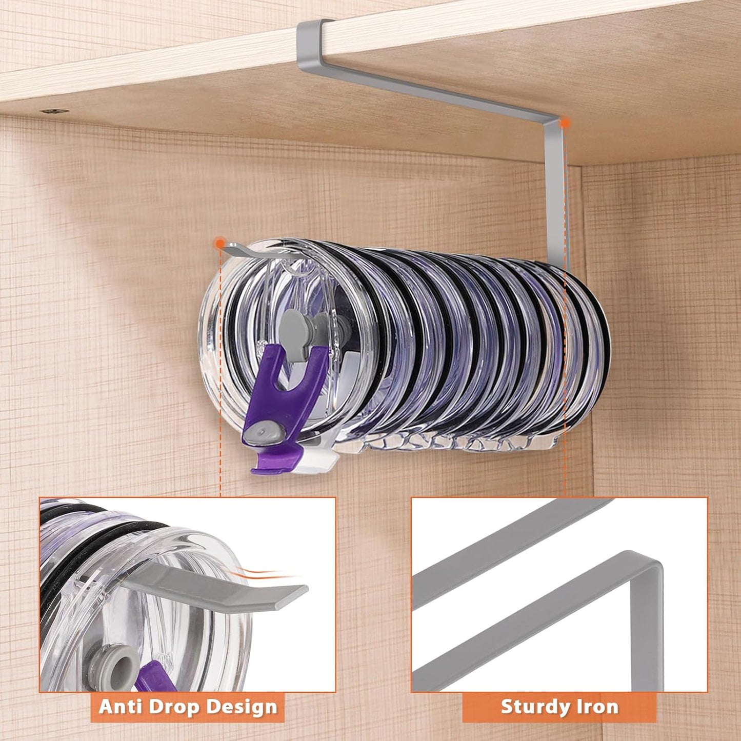 2 Pack Tumbler Lid Organizer, Horizontal Tumbler Lid Storage Hook to Hold Up 20 Lids, Space Saving Cup Lid Holders Under Cabinet Tumbler Lid Hook for Kitchen Organizer, Paper Towel Rack Hanger (Gray)