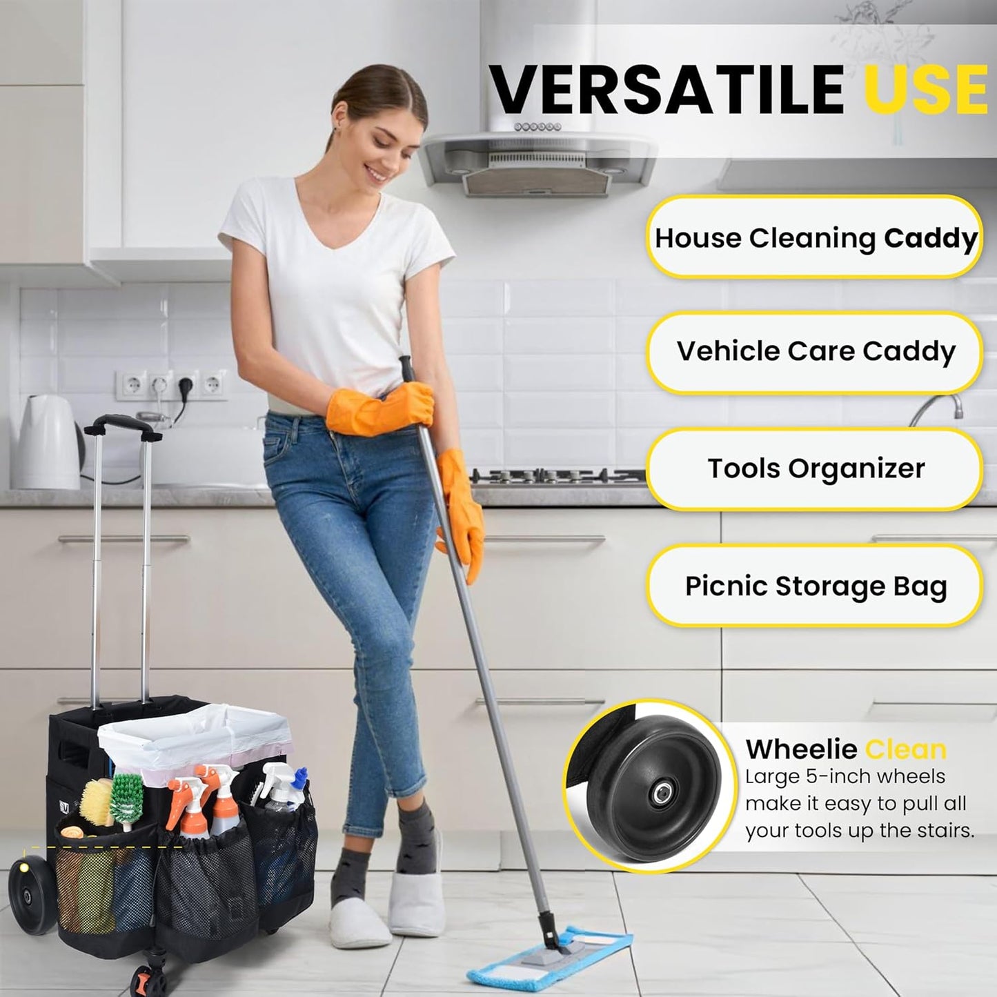 Wheelie Clean - Stair Climbing Cleaning Supplies Organizer & Caddy on Wheels