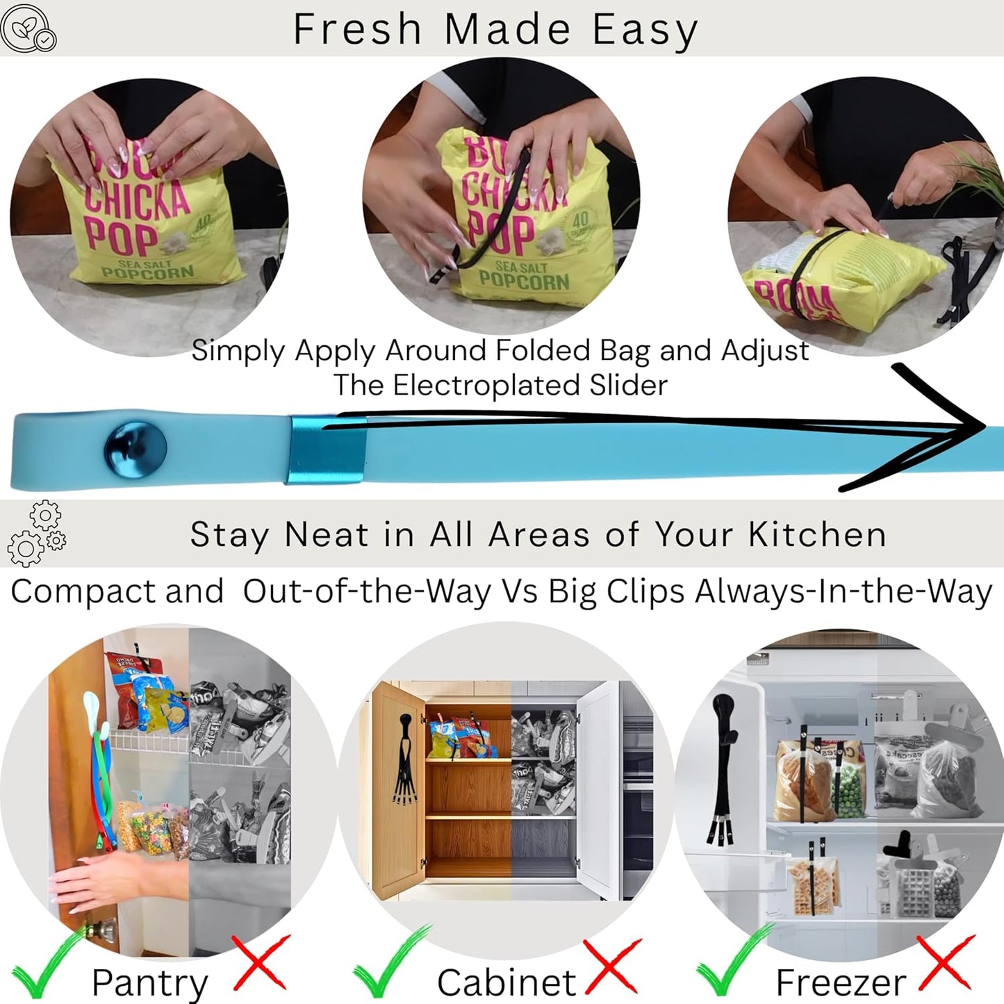 Luxes- Snack Organizer | Band & Mount System-Keeps Snack Bags Fresh | Luxury Cabinet/Pantry Organizing Curated Set | Premium Adjustable Bands (5ct) + Storage Hook | Chip Clips Bag Bands (Color)