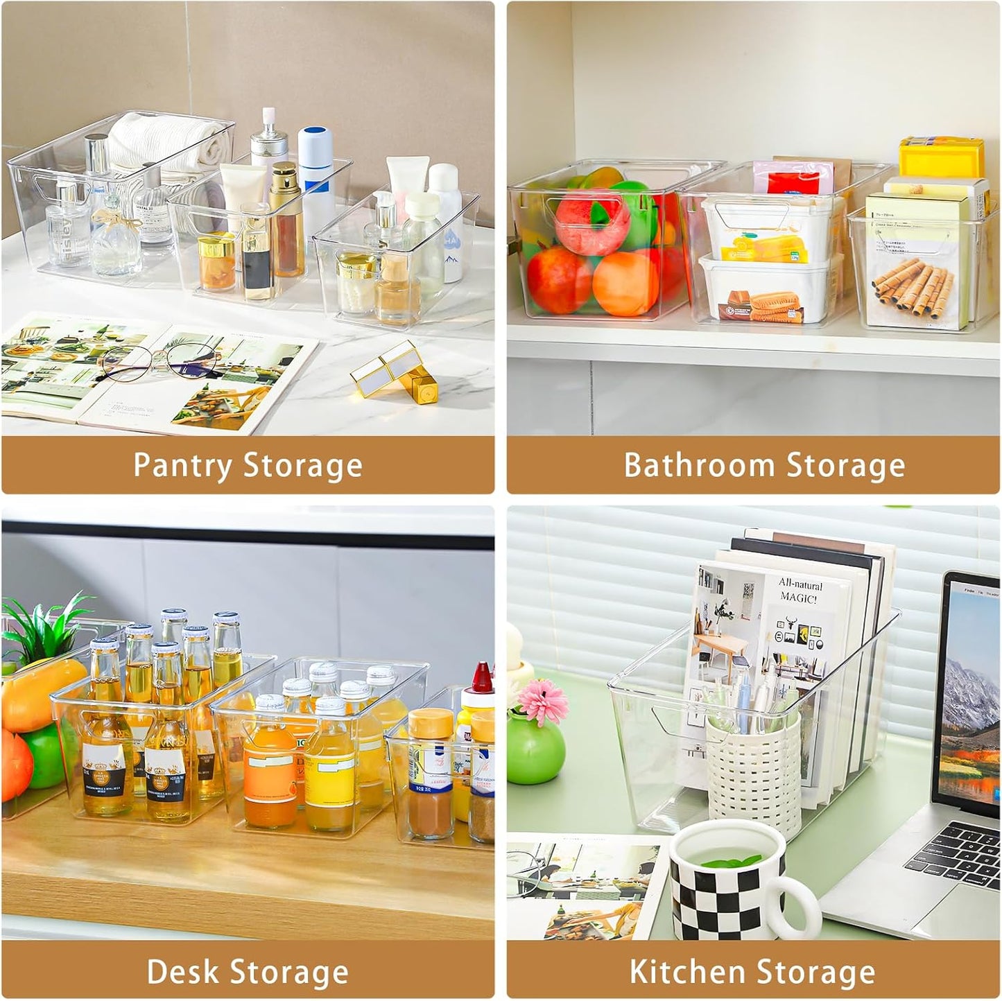 12 Pack Organizers and Storage, Pantry Organization and Storage Bins, Cabinet Organizer, Clear Plastic Storage Containers with Handle，Acrylic Storage Bins (4 Small&4 Middle&4 Large