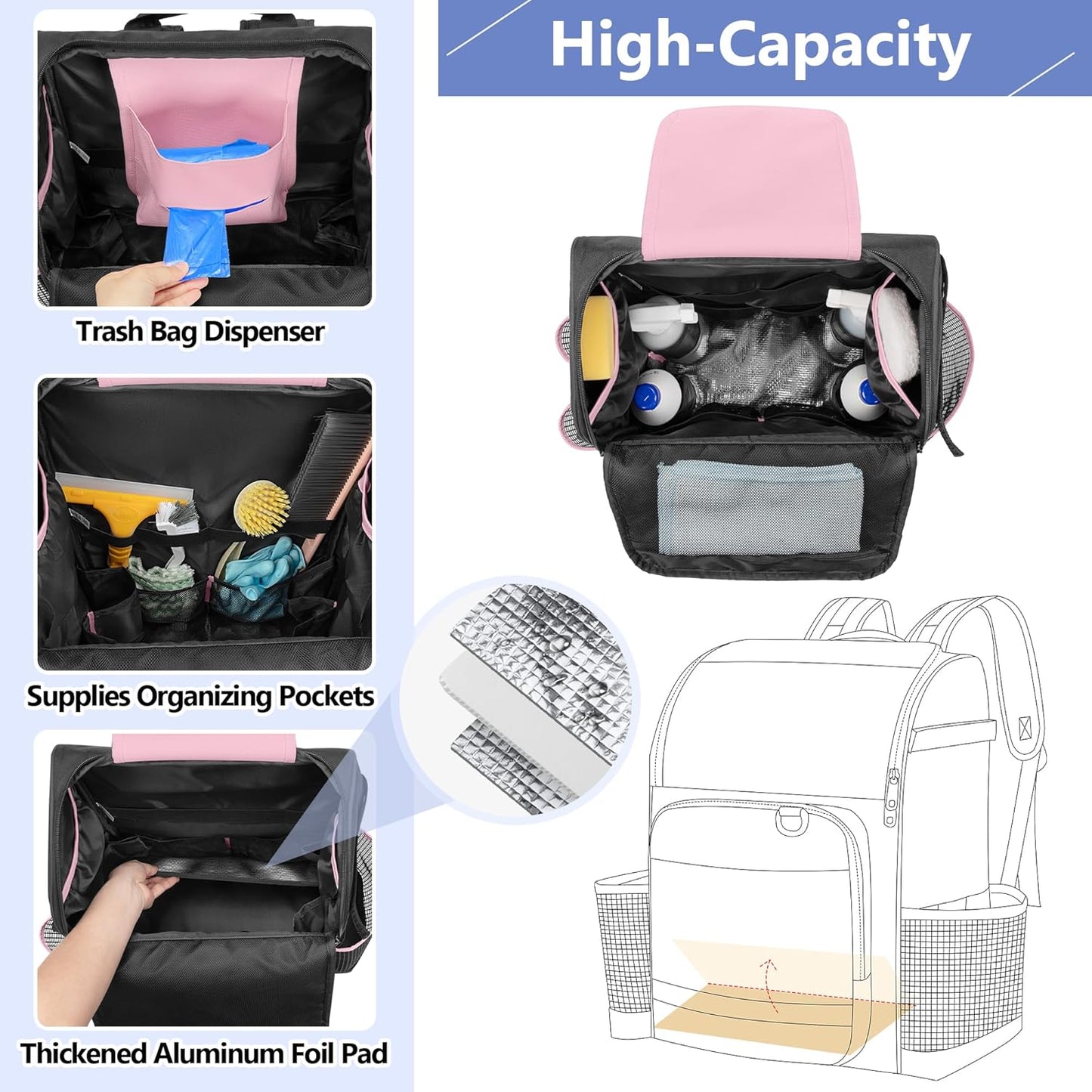 LoDrid Cleaning Bag with Thickened Adjustable Shoulder Straps, Large Cleaning Caddy Organizer with Multiple Pockets for Cleaning and Housework, Pink (Patent Designed)