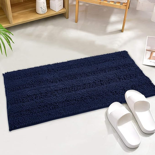 KGORGE Navy Blue Bath Mat - Quick Drying Chenile 47" x 17" Bathroom Rugs Thick Shaggy Floor Cover Water Absorbent Shower Carpet for Toilet Door Way Kitchen, 1 Pc