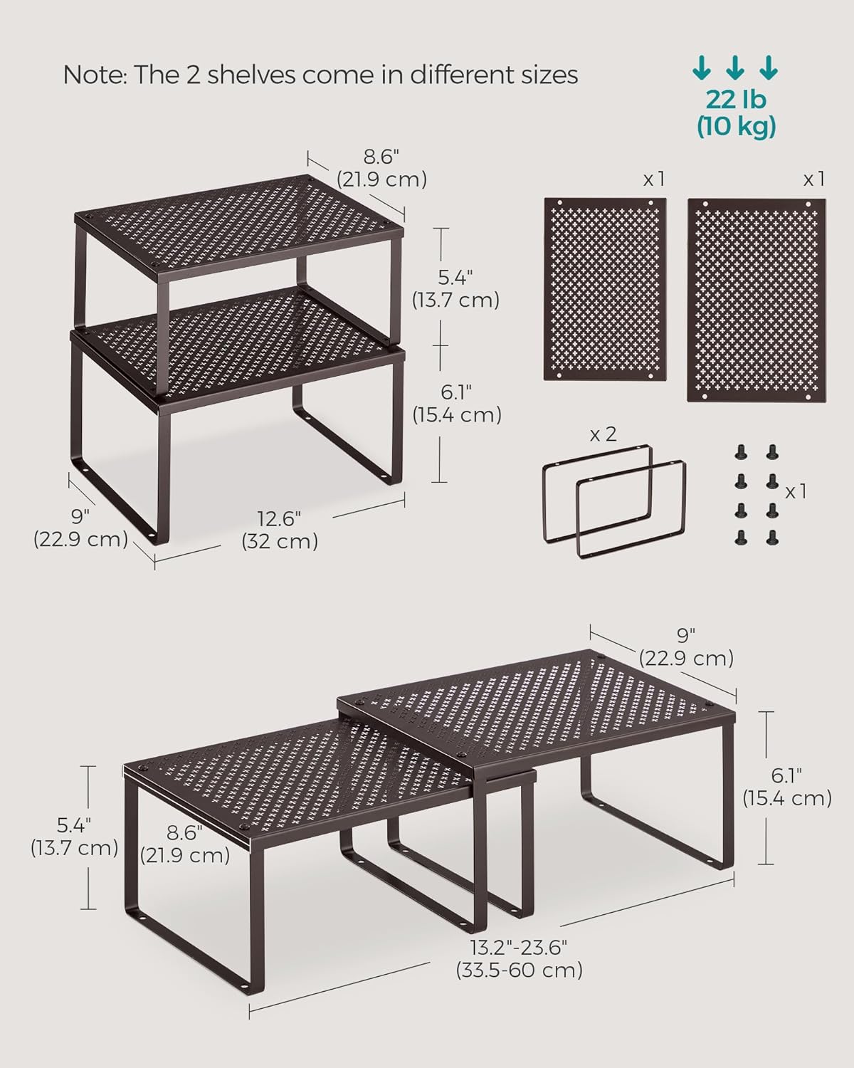 SONGMICS Spice Racks, Set of 2 Metal Cabinet Shelf Organizers, Countertop Organizers, Shelf Risers, Stackable, Expandable, Brown UKCS01BR