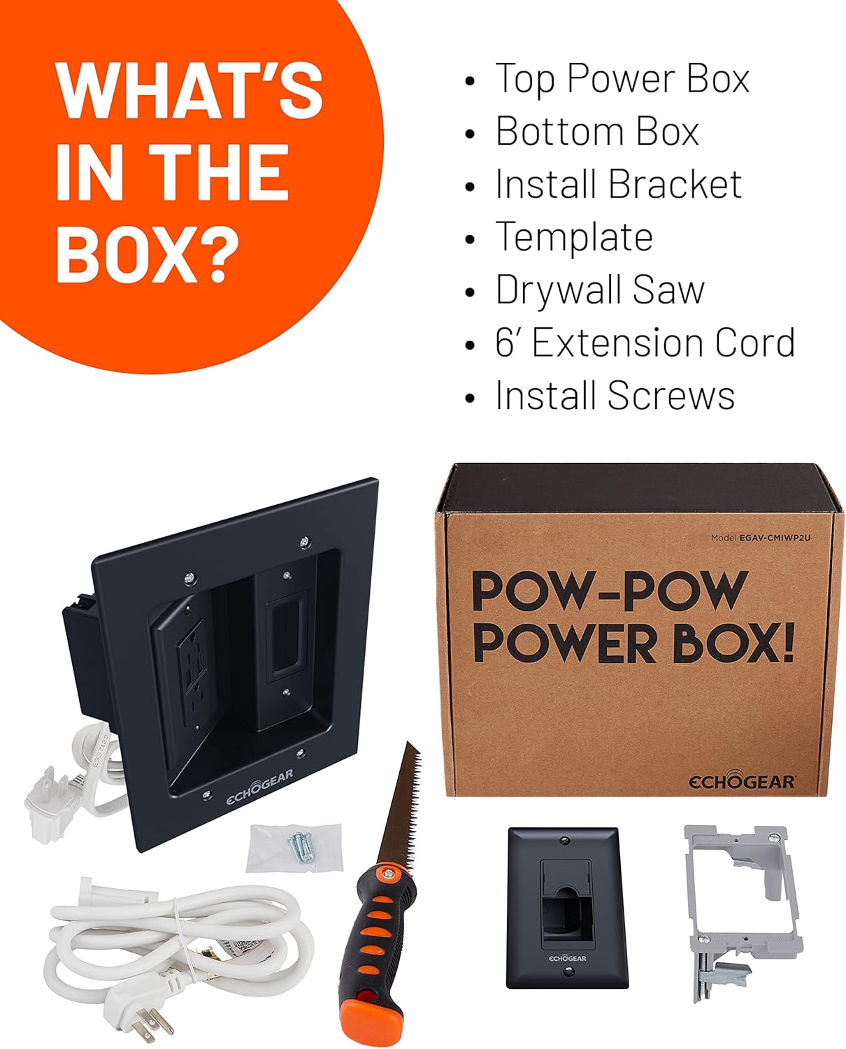 ECHOGEAR TV Cord Hider for Wall Mounted TV with 2X AC Outlets & 2X USB-A Ports - Hide Power Cables & Low Voltage Wires Behind The Wall - Includes Template, Saw, & Low Profile Extension Cord - Black