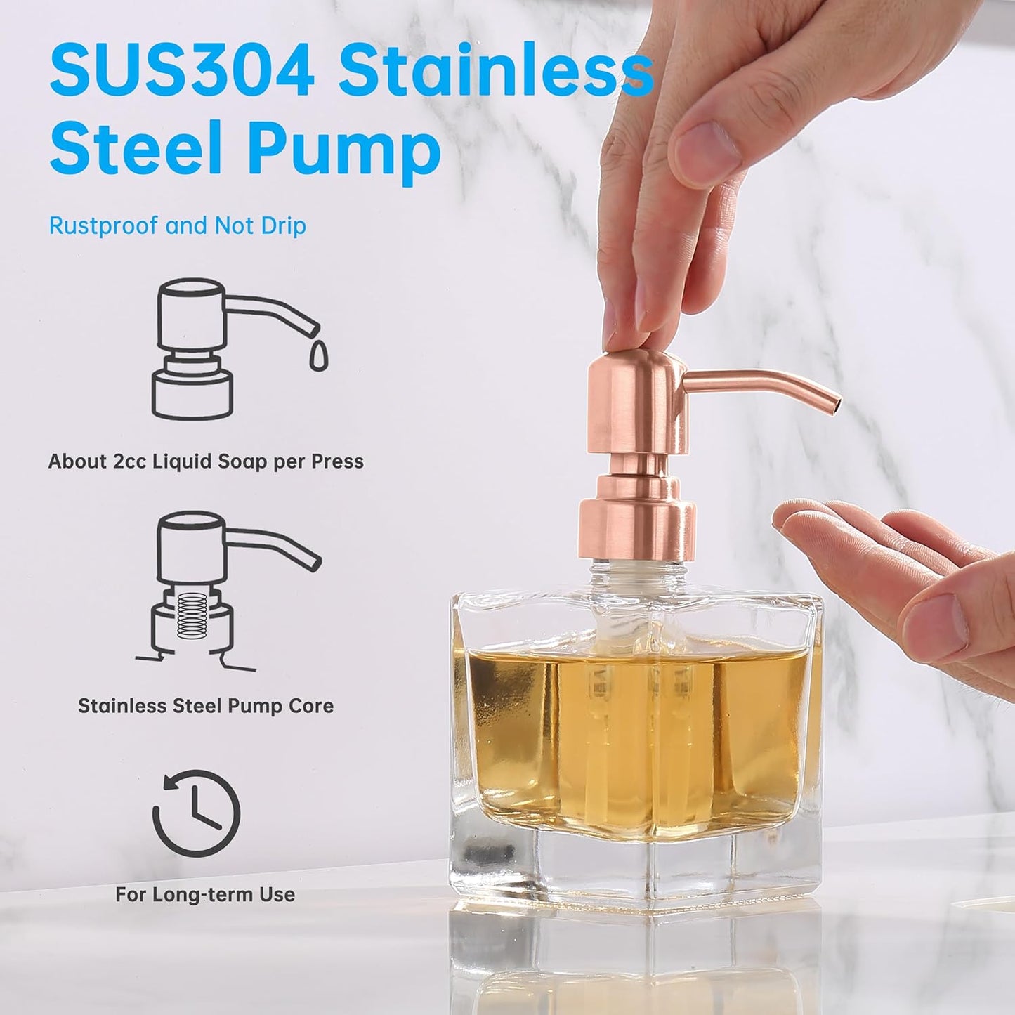 Ximlike Square Bathroom Soap Dispenser Rose Gold, 8.4 oz Glass Bottles with Stainless Steel Pump Red Copper Retangle Cube Liquid Soap Dispenser Hand Kitchen