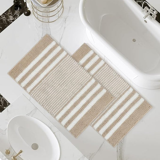 Tindbea Bathroom Rugs Set 2 Piece, Extra Soft and Absorbent Fluffy Striped Chenille Bath Mat Rug Set, Non Slip Bathroom Floor Mat, Machine Washable (20" x 32" Plus 20" x 32", Khaki)