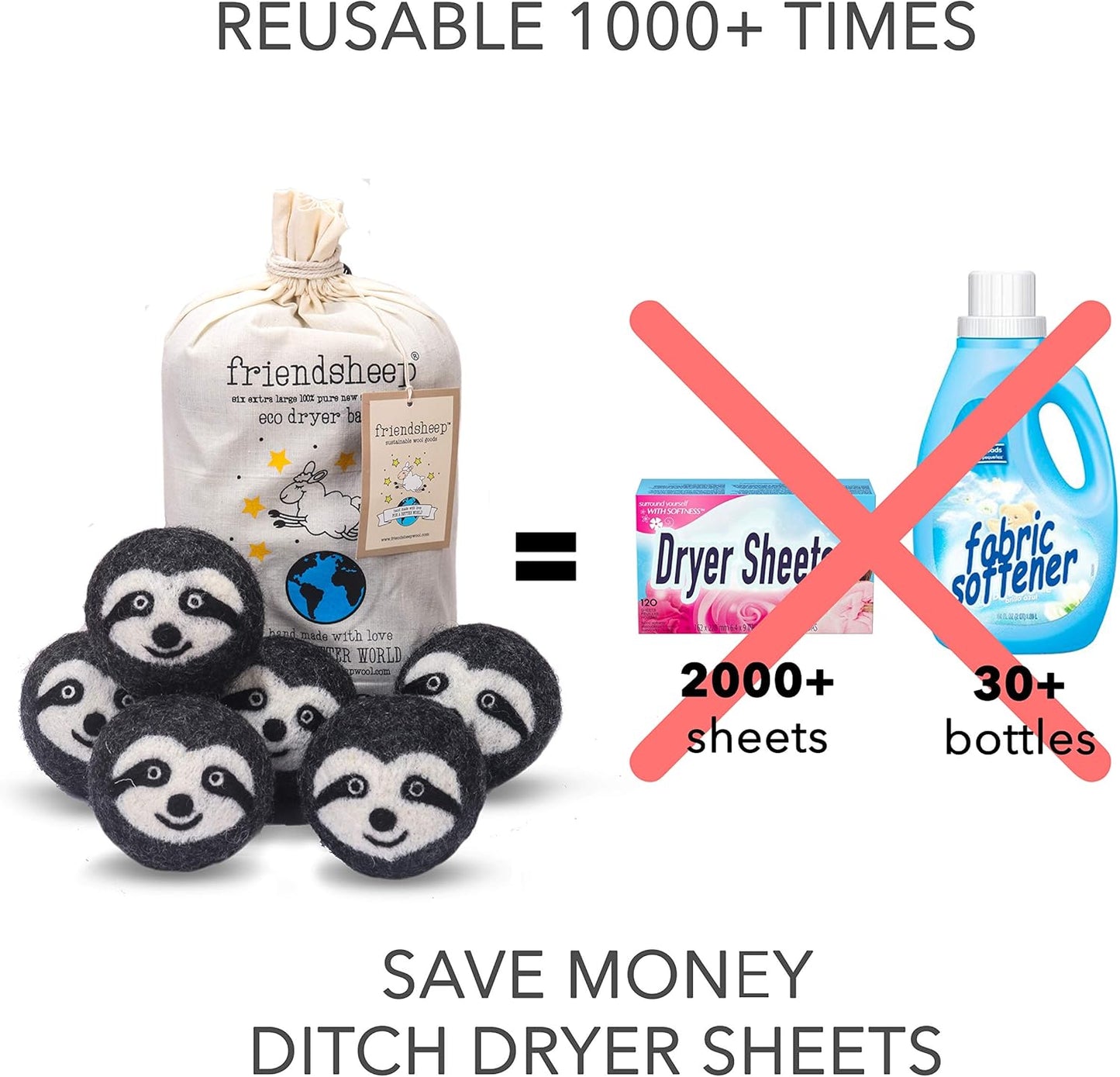 Friendsheep Wool Dryer Balls, Organic Reusable Fabric Softener Alternative for Laundry, Handmade, Fair Trade, Hypoallergenic, Eco-Friendly, Plastic-Free (6 Pack XL – Gray Sloth - Sloth Squad)