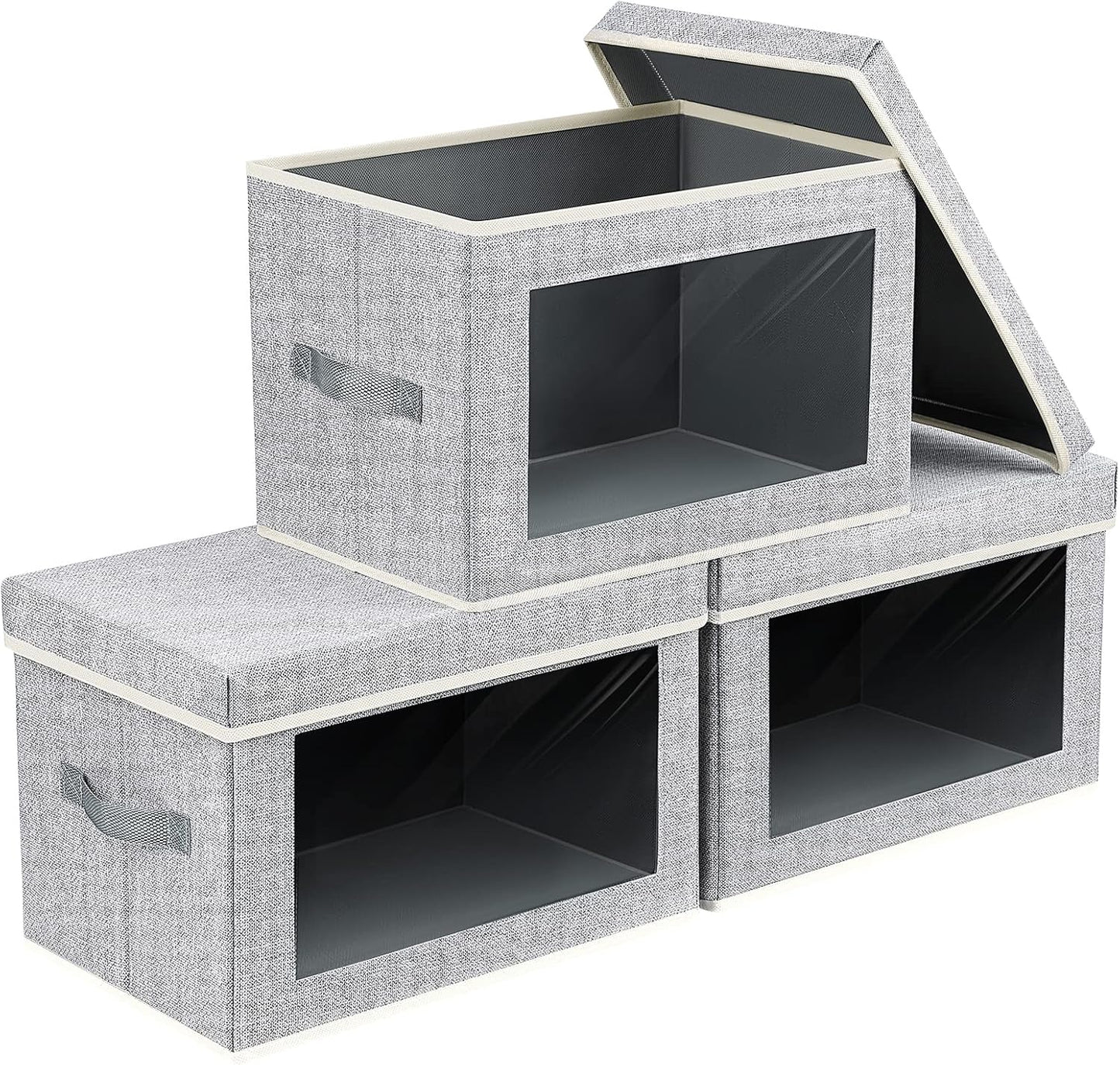 Fabric Storage Bins with Lids - 3 Packs Storage Cubes with Window, Foldable Storage Baskets Bins for shelves, Closet Storage Boxes for Towels, Clothes, Home, Office, Blended