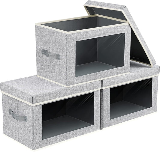 Fabric Storage Bins with Lids - 3 Packs Storage Cubes with Window, Foldable Storage Baskets Bins for shelves, Closet Storage Boxes for Towels, Clothes, Home, Office, Blended
