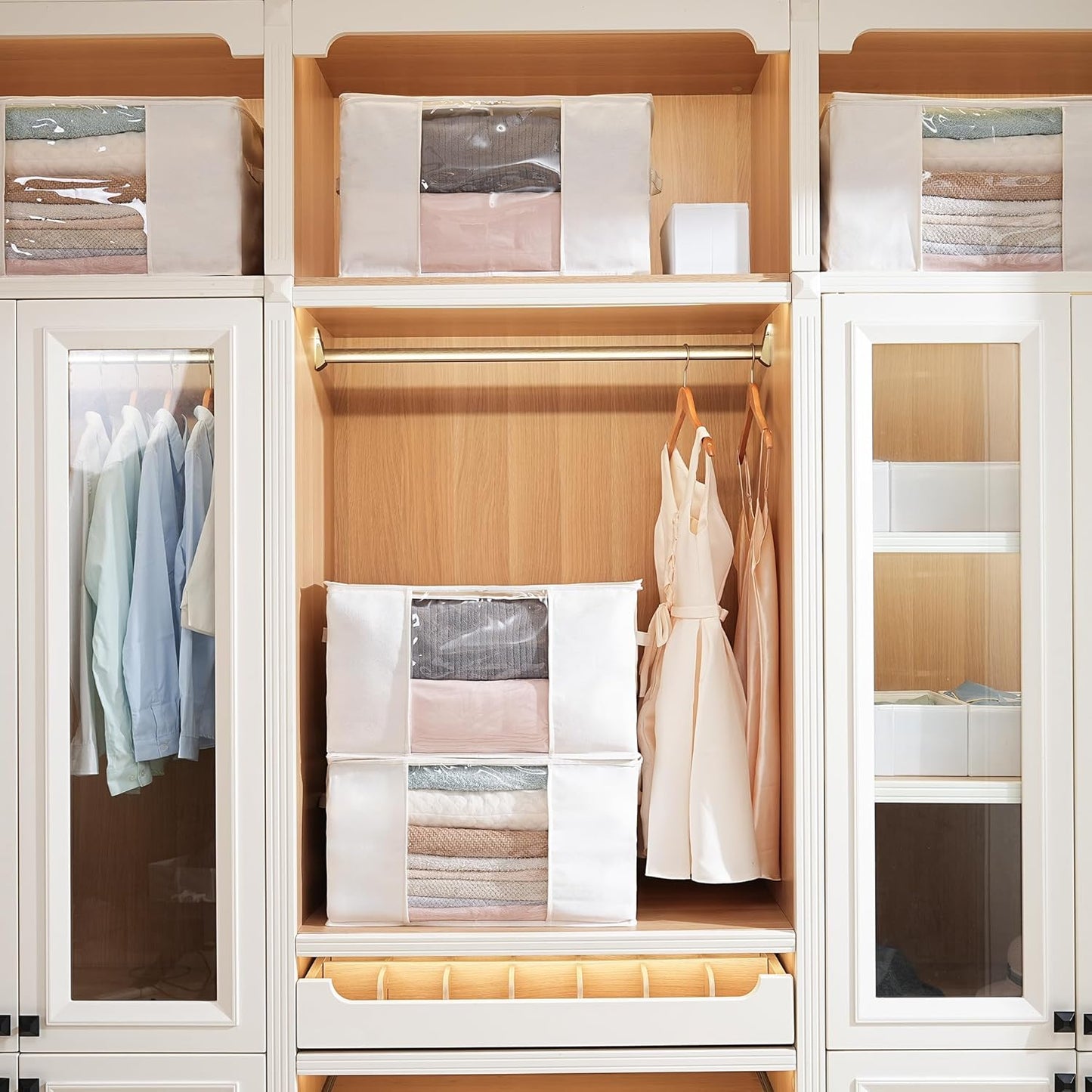 TYEERS Large Storage Bags with Zipper and Clear Window, Cotton Blended Fabric Storage Containers for Seasonal Clothes and Bedding, 23.6x15.7x13.8 Inches, 8-Pack, Beige