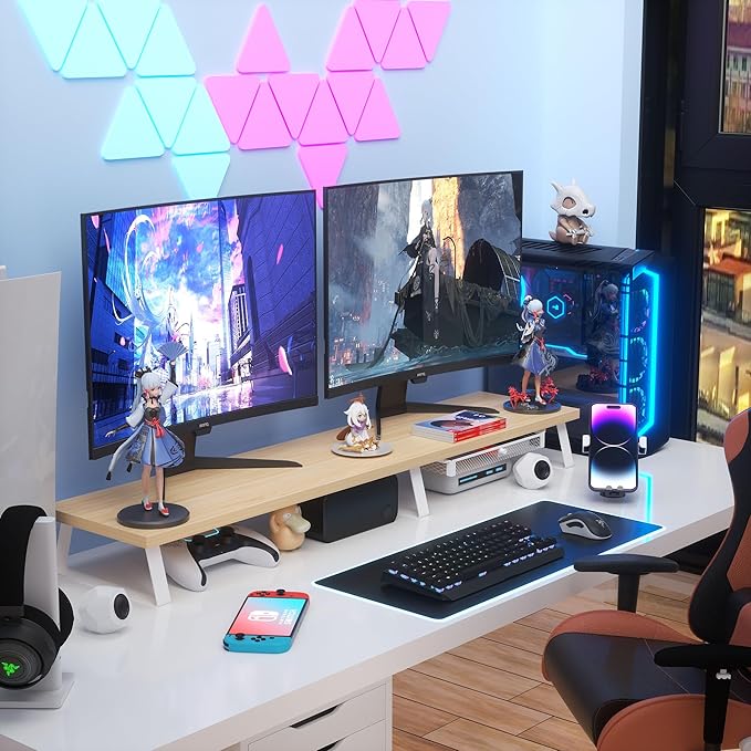 Aothia Dual Monitor Stand Riser - Monitor Stand with Drawer,Monitor Stand For 2 Monitors, Desk Shelf For Monitor with Metal Legs, Wood Monitor Stand with Storage Organize For Pc,Laptop,Screen (Oak)