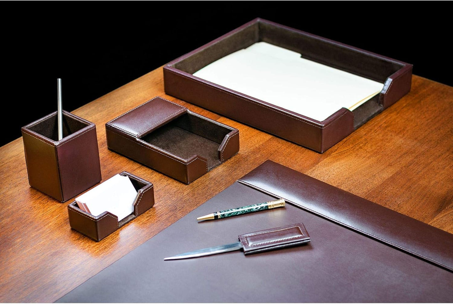 Dacasso Bonded Set Luxury Leather Desk Pad & Desk Organization Essentials, 6 Piece, Dark Brown