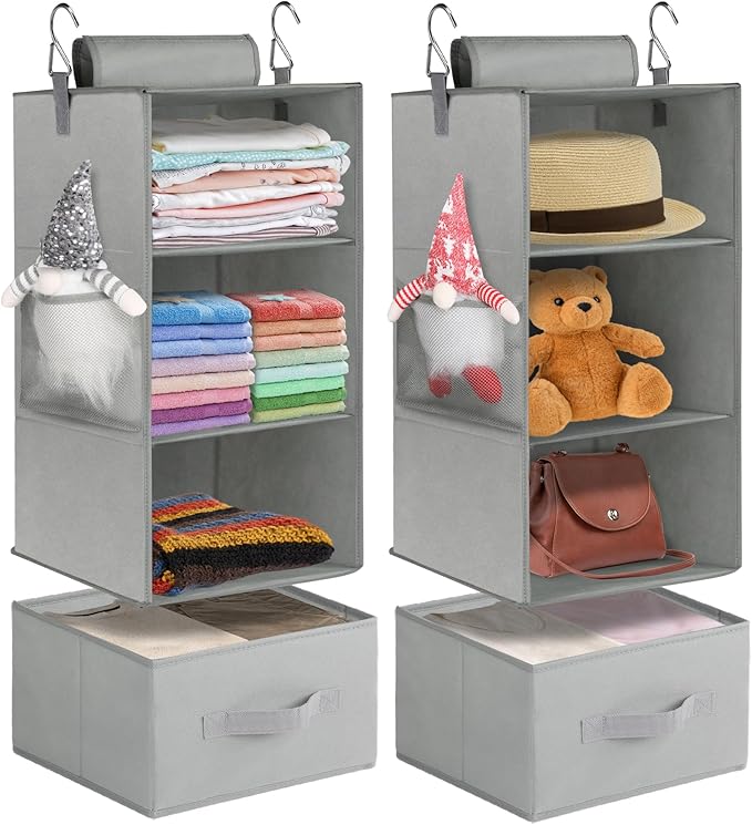 punemi 3-Shelf Hanging Closet Organizer, 2 Pack Closet Hanging Organizer with Drawers, Foldable Hanging Closet Shelves for Rv, Camper, Locker, 22.8" D x 11" W x 11" H, Grey