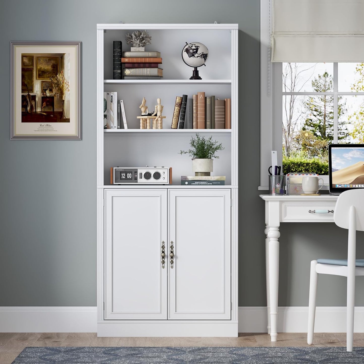 71.4" Tall Bookshelf with Cabinet, 5-Tier Floor Standing Bookcase with Doors & Adjustable Shelves, 31.5" Wide Storage Shelf, Metal Handles, Modern Organizer for Home Office, Living Room