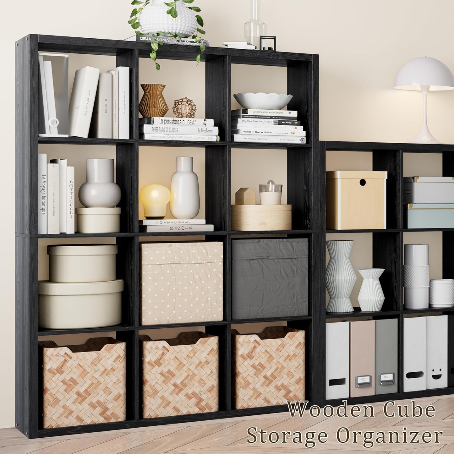 Cube Storage Organizer Bookcase, Decorative 11 inch Open Back Cubical Shelf with Thickened Border, Display Bookshelf for Living Room, Home Office, Sturdy Room (Black, 12 Cube)