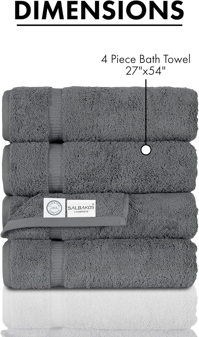 SALBAKOS 100% Turkish Cotton Bath Towel Set of 4 27x54 inch | Heirloom Quality | Hotel & Spa Collection | Ultra Soft, Super Absorbent, Long Lasting Bath Towels | Made in Turkey (Gray, 4 Bath Towels)