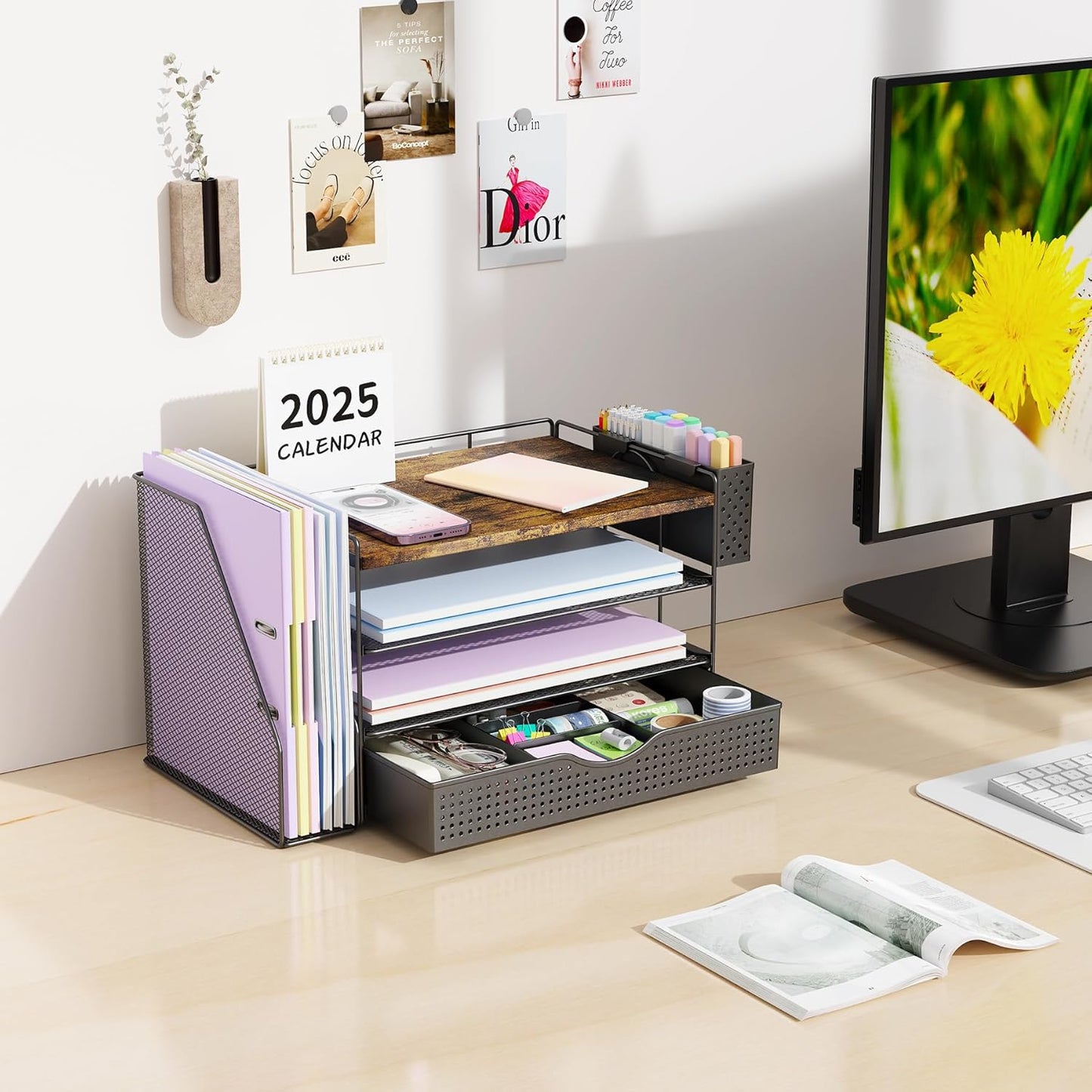 gianotter Wood Desk Organizers and Accessories with File Holder, 4-Tier Desk Accessories & Workspace Organizers with Drawer and Pen Holder, Paper Organizer for Office Supplies (Wood)