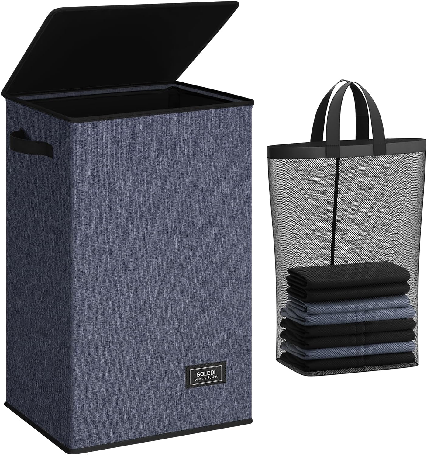 SOLEDI Laundry Hamper with Lid 90L Large & Tall Collapsible Laundry Basket, Clothes Hamper with Bag Removable Easy to Carry, Dirty Hampers for Bedroom, Bathroom, Dorm, College, Navy Blue