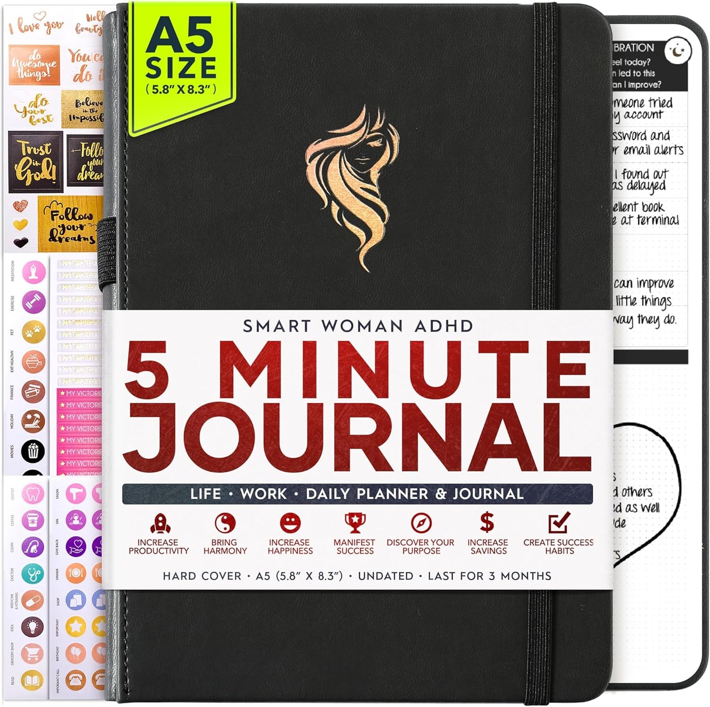 ADHD Planner for Adults - 5 Minute Gratitude & Manifestation Journal | 90-Day Undated Daily Planner for Positivity, Affirmations & Self Care | Guided Mindfulness, Reflection | Vision Board + Stickers