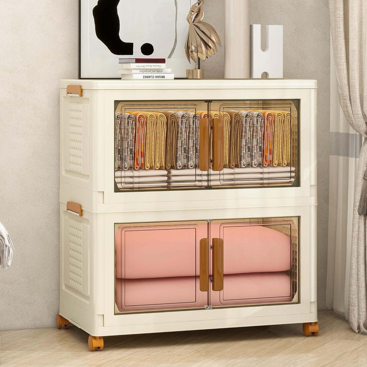 Plastic Stackable Storage Bins with Lids and Wheels, Foldable Closet Organizers and Storage Containers, Collapsible Clear Drawer Storage Cabinet with Doors White 90Gal