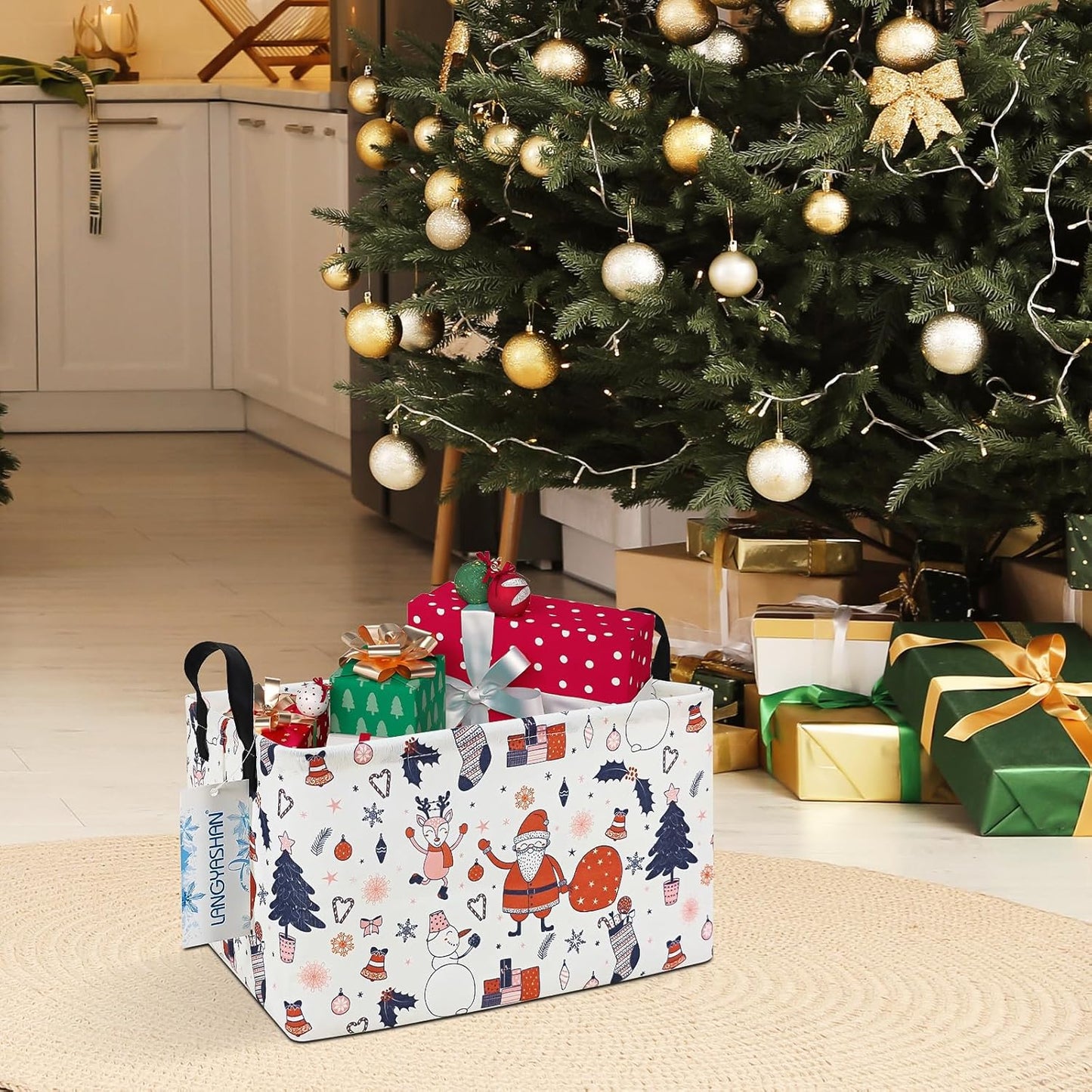 LANGYASHAN Rectangular Christmas Santa Claus Storage Basket with Handles for Organizing Home Kitchen Boys and Girls Toys Office Closet Shelf Baskets (Rec Santa Claus)