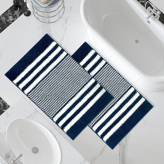 Tindbea Bathroom Rugs Set 2 Piece, Extra Soft and Absorbent Fluffy Striped Chenille Bath Mat Rug Set, Non Slip Bathroom Floor Mat, Machine Washable (20" x 32" Plus 20" x 32", Navy Blue)