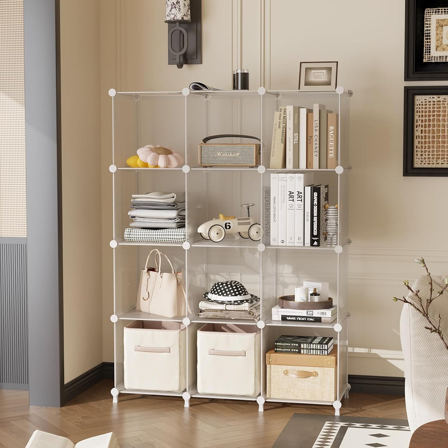 AWTATOS Cube Storage Organizer, Closet Organizers and Storage, 12 Cube Shelves Bookshelf, DIY Stackable Plastic Clothes Organizer Shelving for Bedroom, Home, Transparent Twill