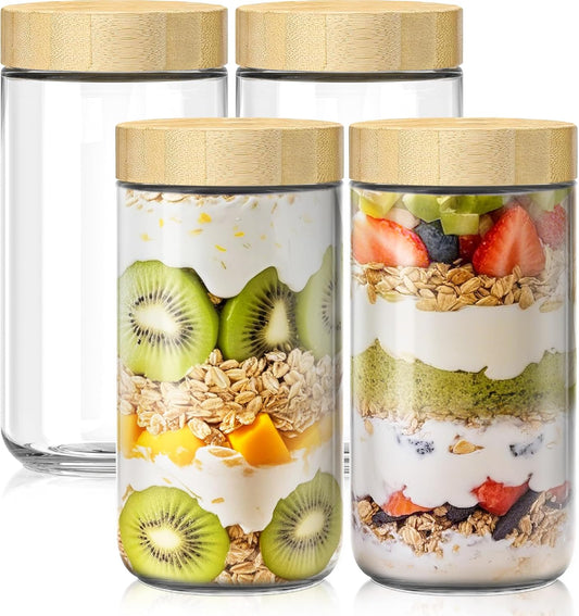 4 pack 24oz Overnight Oats Containers with Bamboo Lids, Glass Jars with Airtight Lids for Meal Prep, Wide Mouth Mason Salad Jars, Glass Food Storage Container for Yogurt Chia Snacks Spice Sugar