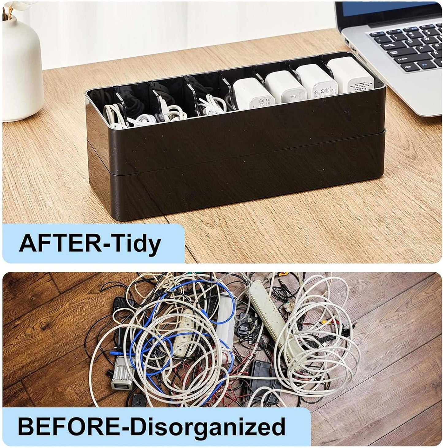 Tatuo 1 Pcs Cable Organizer Box with Wire Ties, Plastic Cord Storage Box with Lid, Electronics Organizer for Home Office Desk Organizers and Accessories (Black)