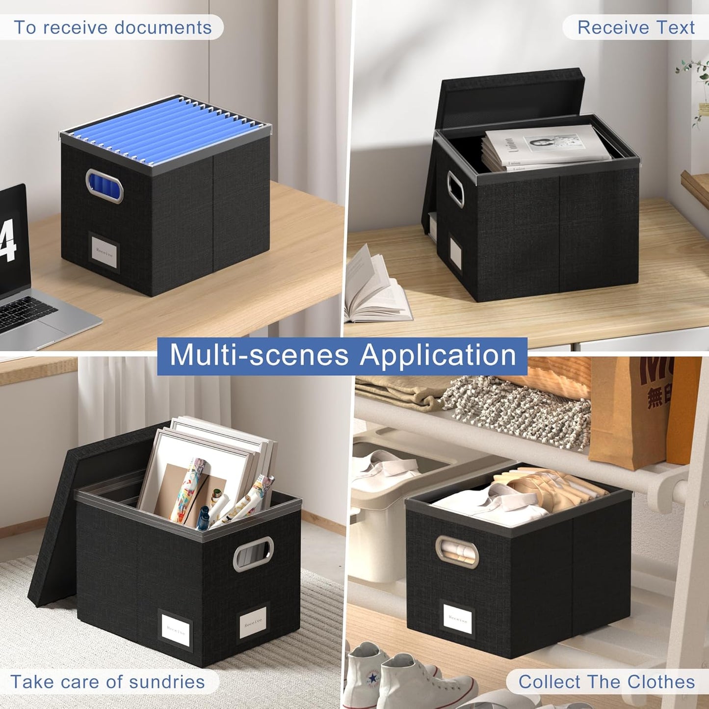 File Organizer Box - File Boxes for Hanging Files with Lid Set of 3 Decorative Hanging Folders Organizer with One-Piece Plastic Frame Slides (Black, 13.2 * 10.1 * 10.1in(2Pack))