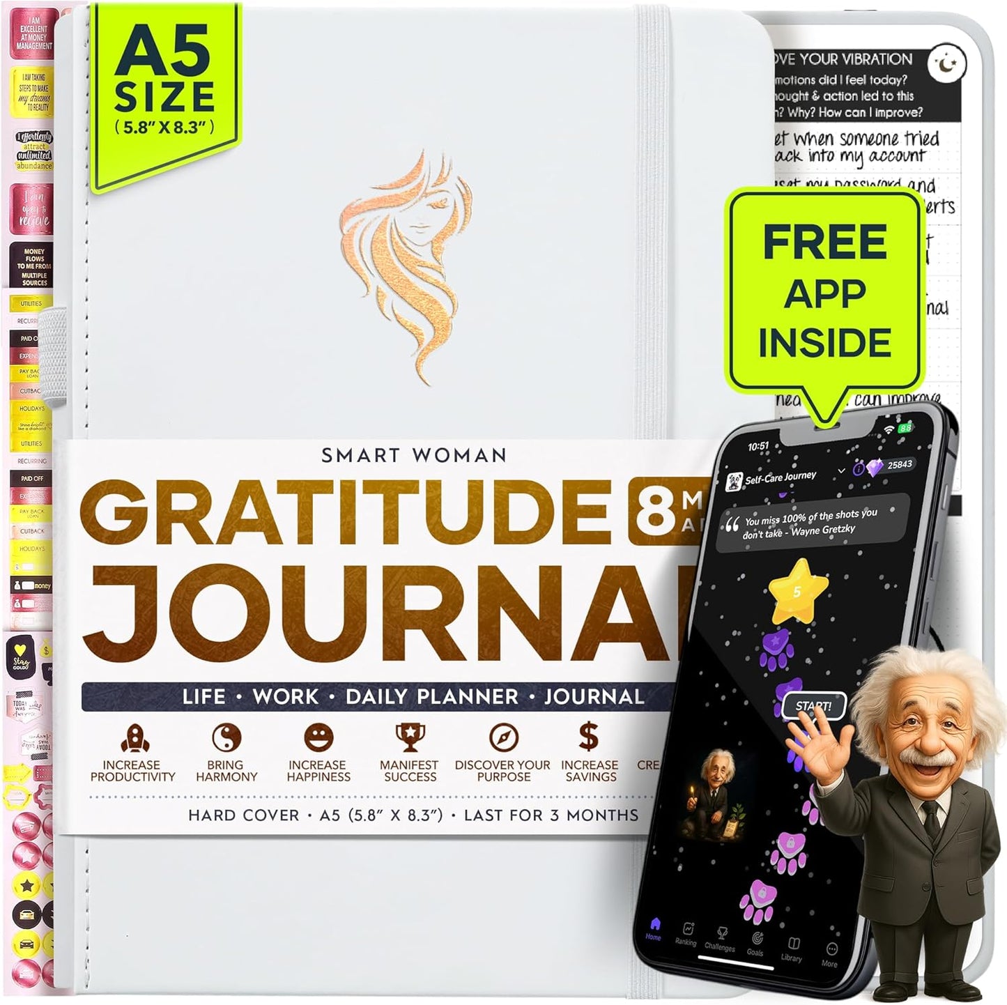 Gratitude Journal for Women & Men - 5 Minute Self Care Journal | 90-Day Undated Daily Planner for Positivity, Affirmations & Manifestation | Guided Mindfulness, Reflection | Vision Board + Stickers