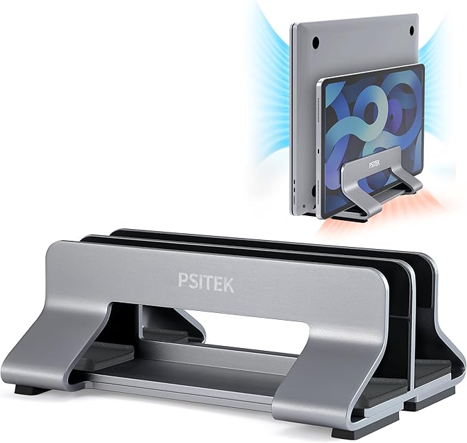 Aluminum Dual Vertical Laptop Stand Dock Holder, Supports 2 Devices, Adjustable Slot Width 15-36mm, Space-Saving Upright Storage for MacBook and Laptops