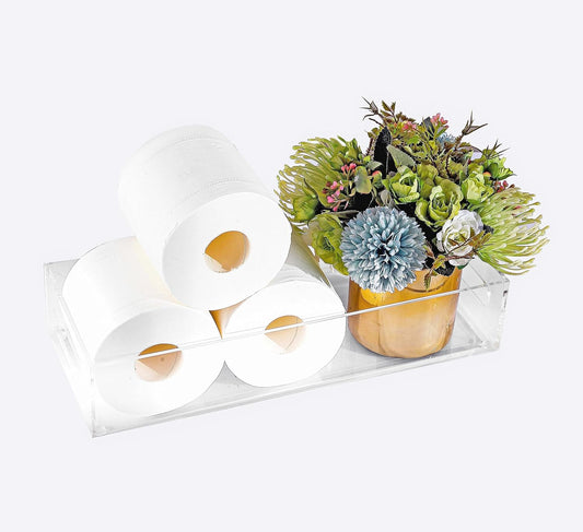 IEEK Toilet Paper Basket,Acrylic Toilet Paper Holder with Storage Modern Bathroom Tray with Handle and Non-Slip Mats for Toilet Tank Top Decorative,Clear Vanity Tray for Home Decor…