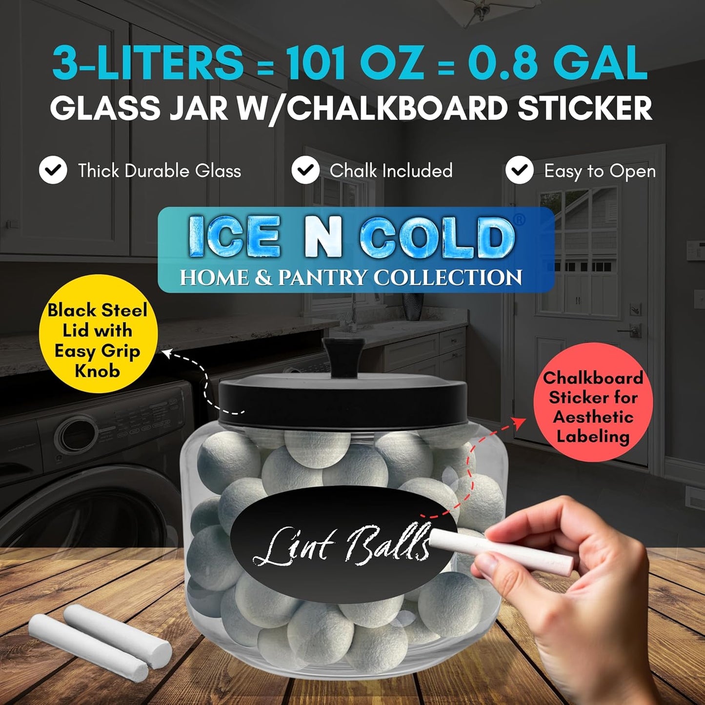 Kitchen and Laundry Storage Glass Jar – Wide Mouth Round Glass Storage Container with Black Steel Lid and Chalkboard Label - 2 Sticks of Chalk Included (1, 3L | 101oz | 0.8 Gallon)
