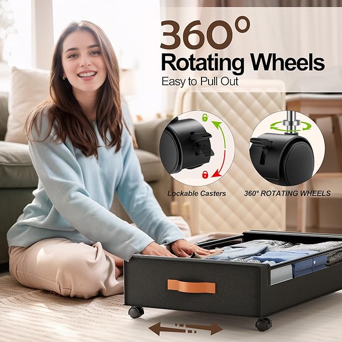 LAMU 2 Pack Under Bed Storage with Wheels, 60L Large Lapacity UnderBed Storage Containers with Clear Lid and Handles, Under the Bed Storage Bins Drawers for Clothes, Blankets, Shoes, Books, Black