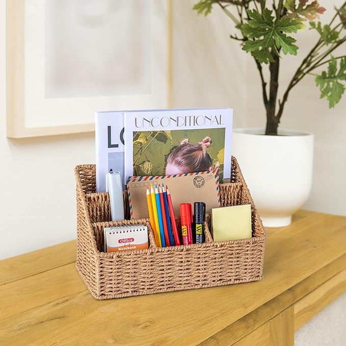 Rattan Desk Organizer, Tabletop Mail Holder, 5 Slot Mail Organizer Countertop Basket, Rattan Office Supplies, Boho Office Desk Accessories, Wicker Desk Organizer, Magazine Holder（Wicker）