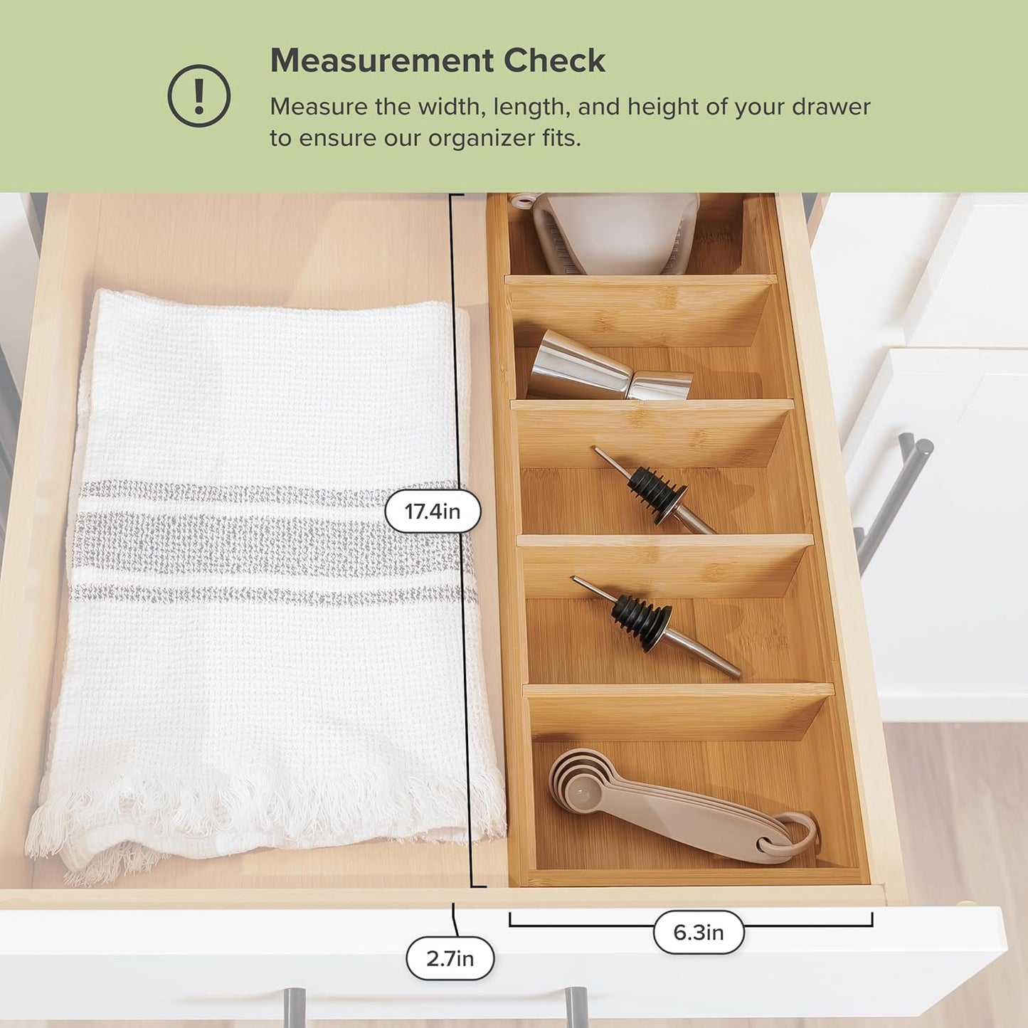 KitchenEdge Premium Kitchen Utensils and Junk Drawer Organizer – Small 5-Compartment Design with 4 Removable Dividers, Non-Slip Feet, 100% Sustainable Bamboo