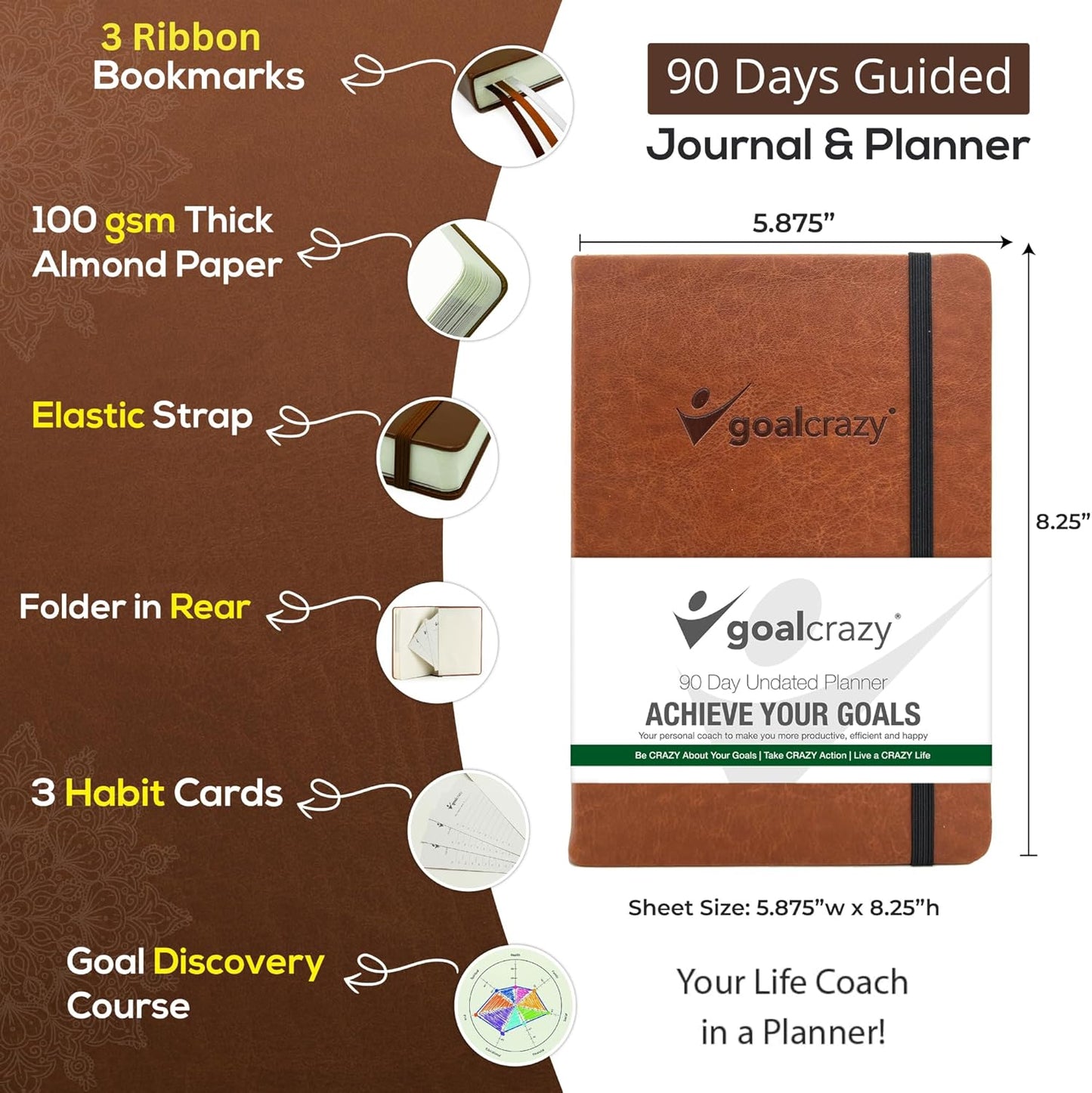 Undated Daily Planner to Achieve Your Goals 2025-2026 - 90 Day Guided Journal & Productivity Organizer with Goal Setting, Habit Tracker, To Do List, Academic & Work Calendar, Leather Hardcover - Brown