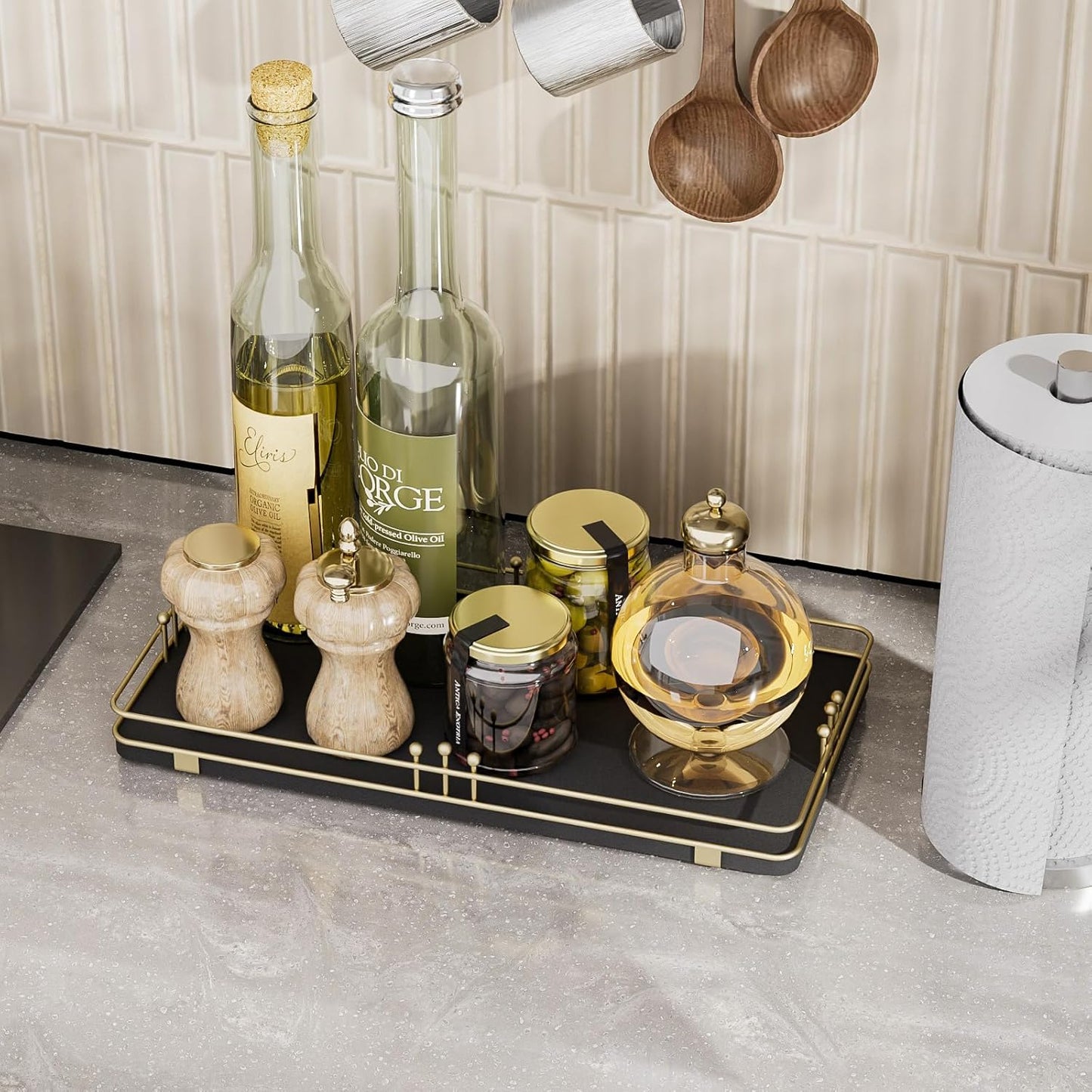 Toilet Paper Basket, Bathroom Basket for Counter Toiletries Towel Decor, Toilet Tank Tray, Guest Back of Toilet Organizer Storage, Vanity Tray for Perfume Makeup, Kitchen 13”x6.5” Black-Gold