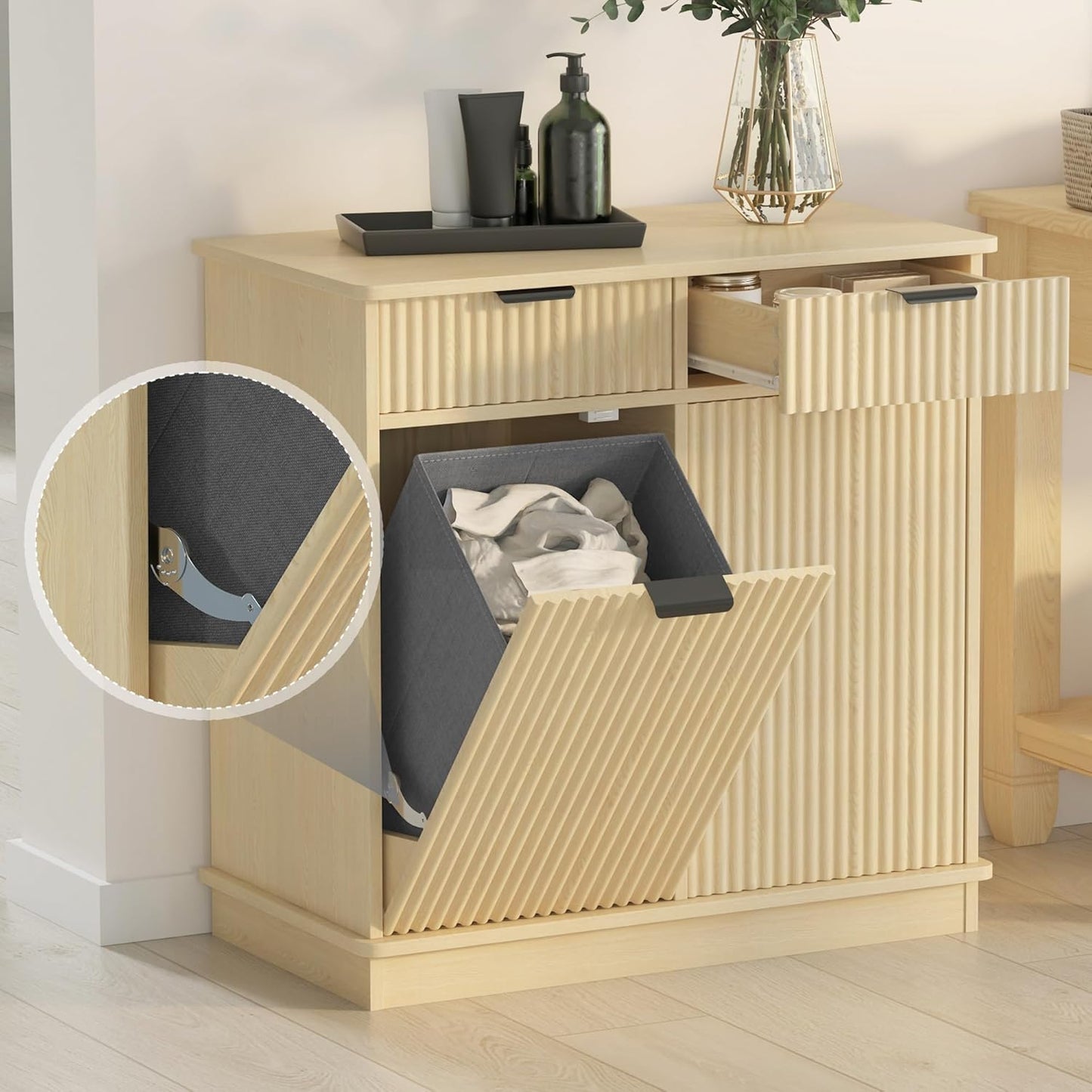 Natural Double Tilt Out Laundry Hamper Cabinet Laundry Basket Cabinet Hidden Laundry Hamper with 2 Drawers & 2 Baskets for Bathroom Bedroom,30x30x16in