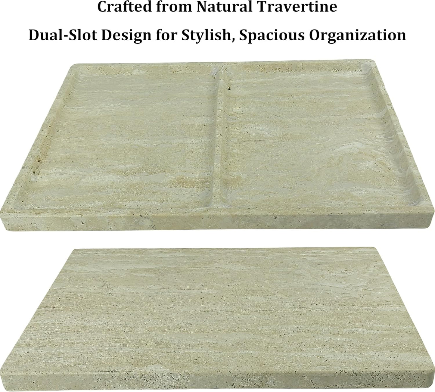 11.81"x7.87" Roman Travertine Decorative Tray - 2 Compartments Functional Storage Vanity Organizer for Bathroom Kitchen Office, Beige