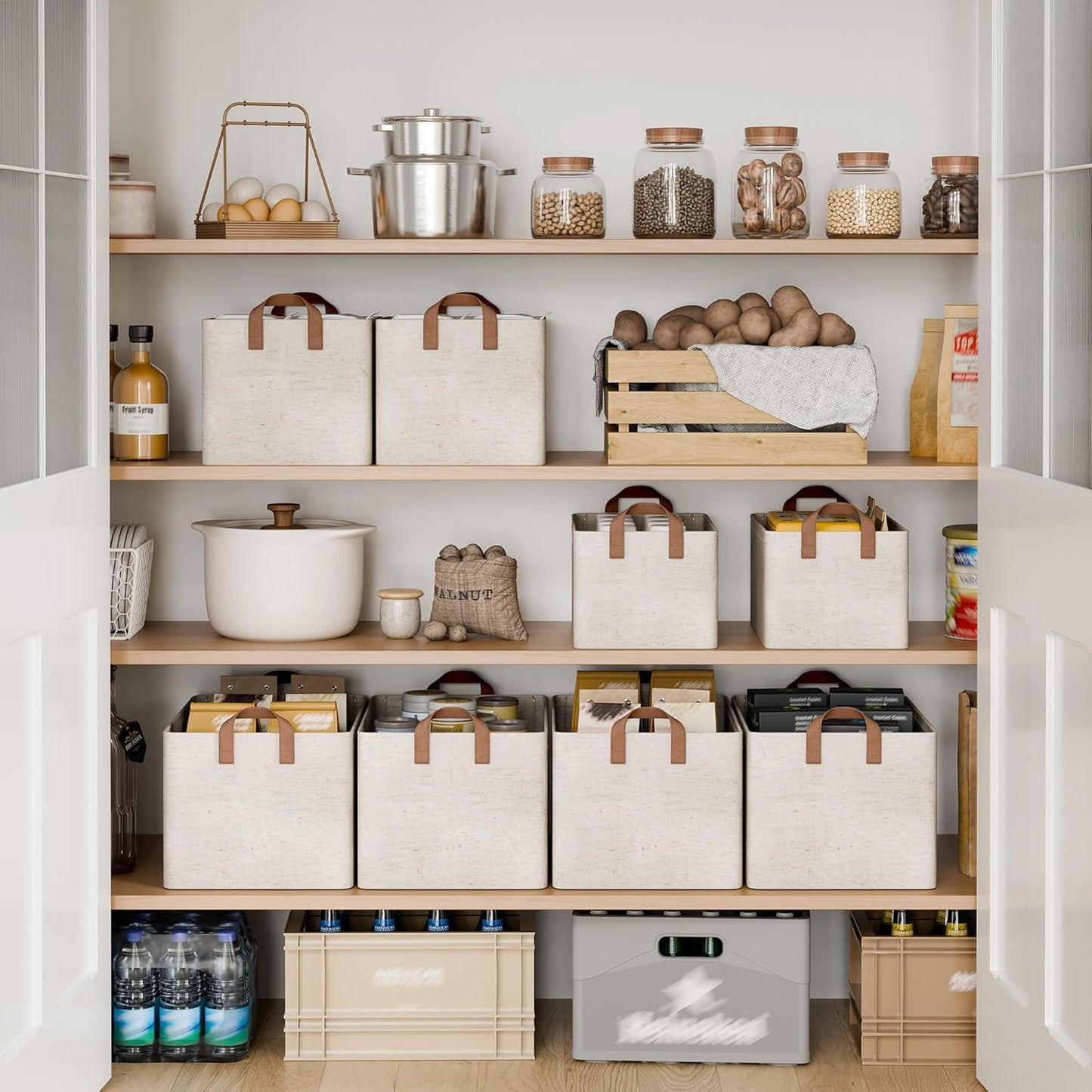 StorageWorks Storage Bins, Shelves Baskets for Organizing, Large Fabric Closet Organizers with Handles, Metal Frame, Beige（Cotton-linen）, 2-Pack